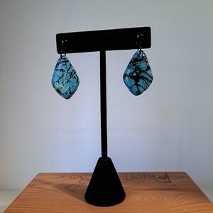 Elegant Blue Dangle Earrings Turquoise Black Handmade Copper Filled Enamel Clay
